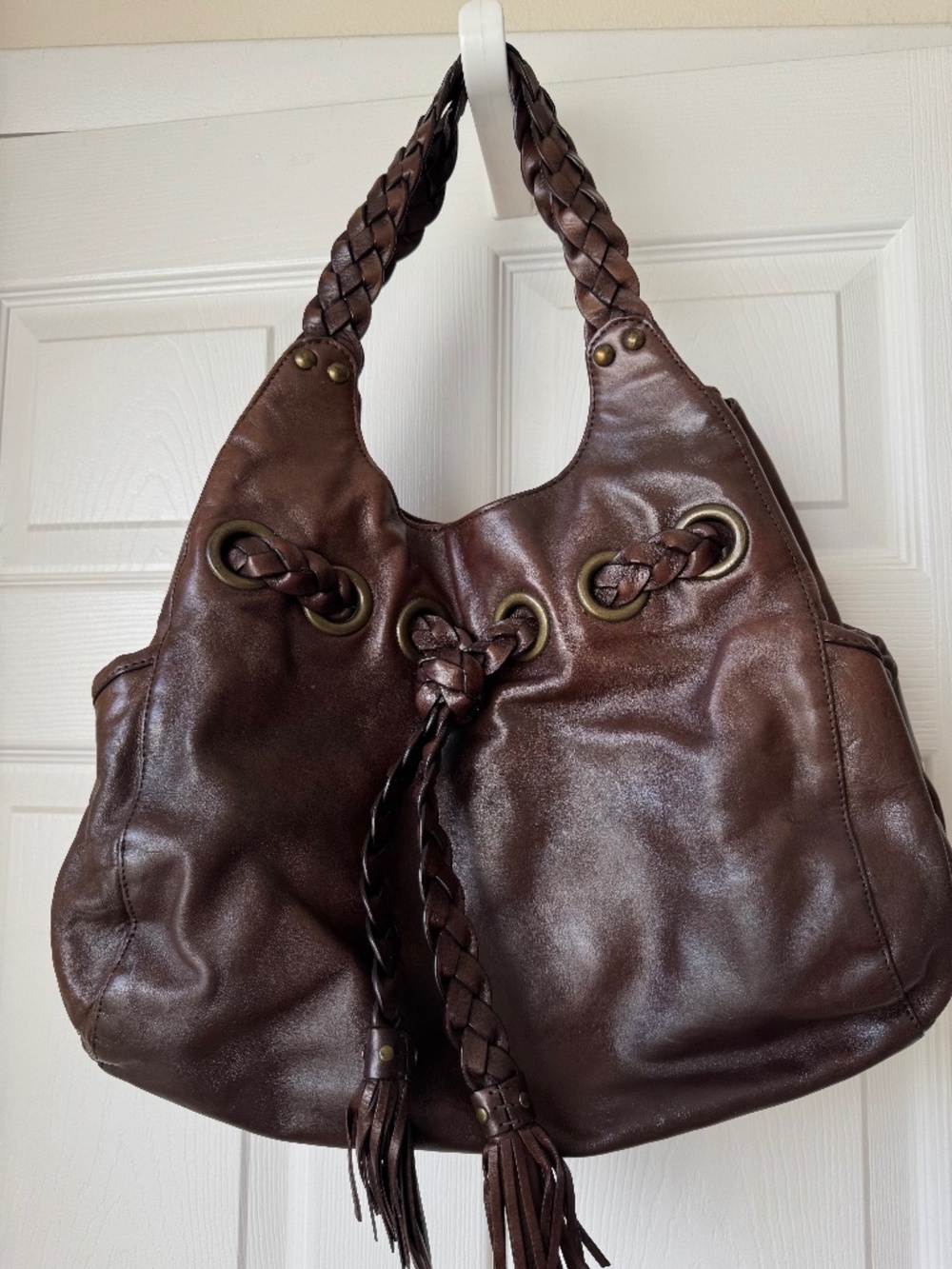 Kooba Brown Leather Hobo Shoulder Bag with Braided Straps, Tassels, Grommets